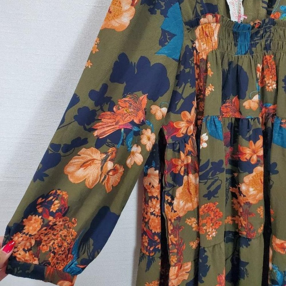 Umgee Dress Womens M Green Floral Mini Balloon Sleeves Boho Prairie Square Neck - Picture 2 of 8